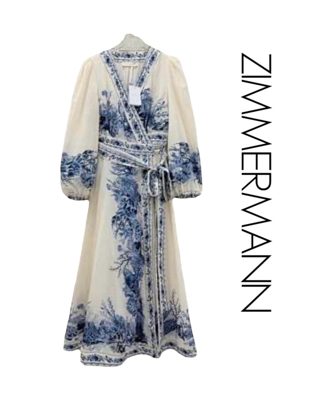 🦋 NWT! Zimmermann Wanderlust Wrap Dress Linen/Cotton in Blue Cream Size 0